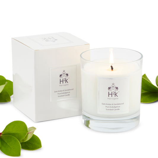 Uplifting Dark Amber and Sandalwood Soy Wax Candle.