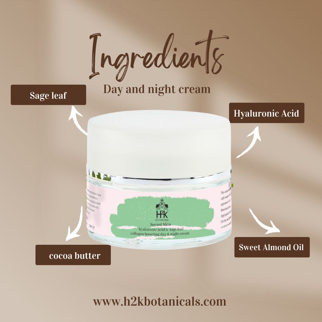 Day and Night hydrating face cream "Secret Skin" collagen booster with hyaluronic acid.