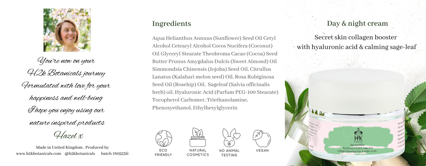 INTRODUCTORY OFFER £50.00 Day & Night hydrating face cream "Secret Skin" collagen booster with hyaluronic acid